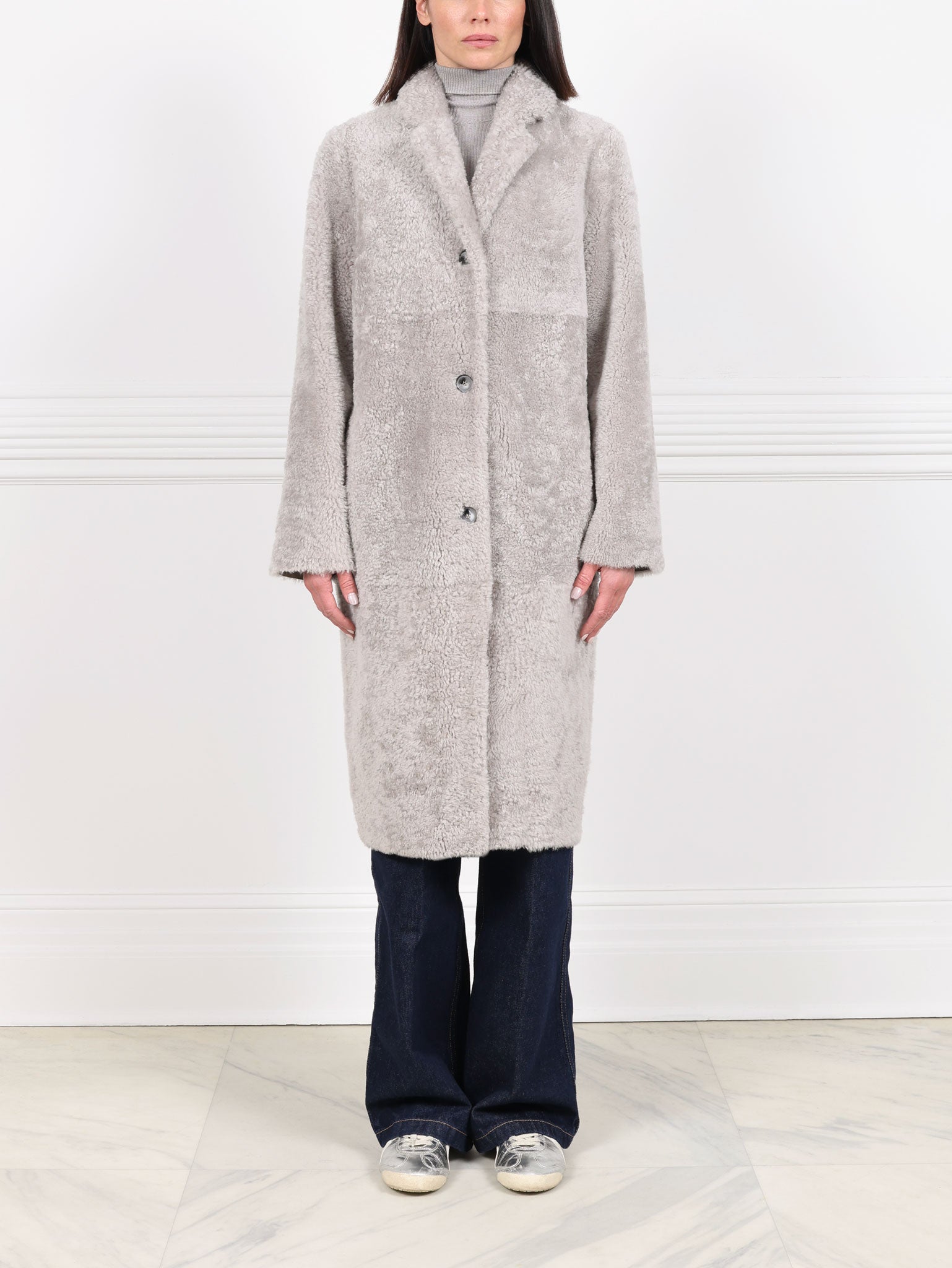 The Landen Button Down Curly Shearling Coat