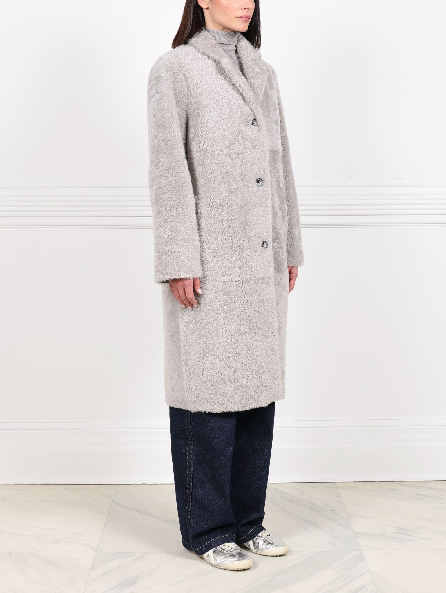 The Landen Button Down Curly Shearling Coat