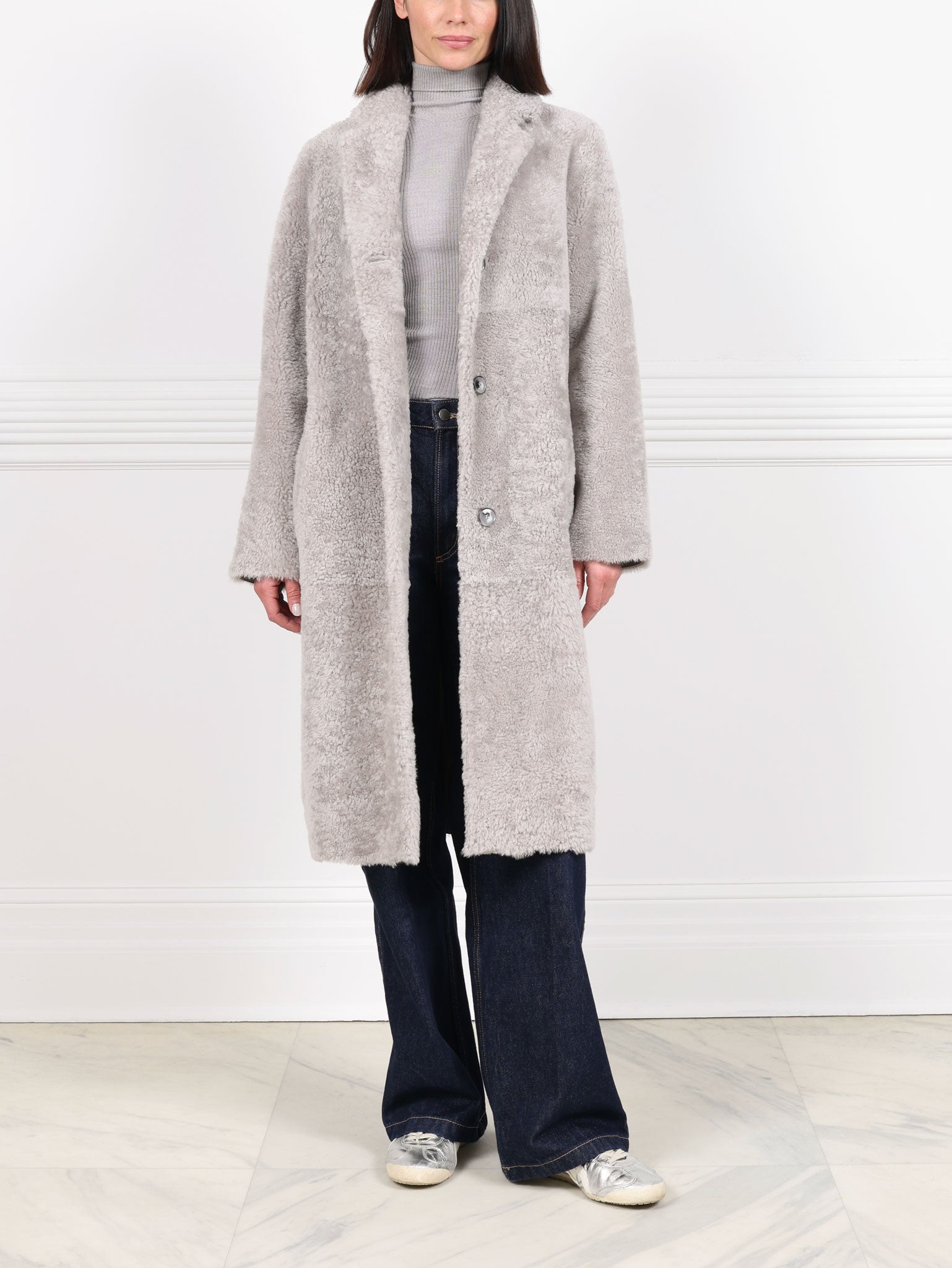 The Landen Button Down Curly Shearling Coat
