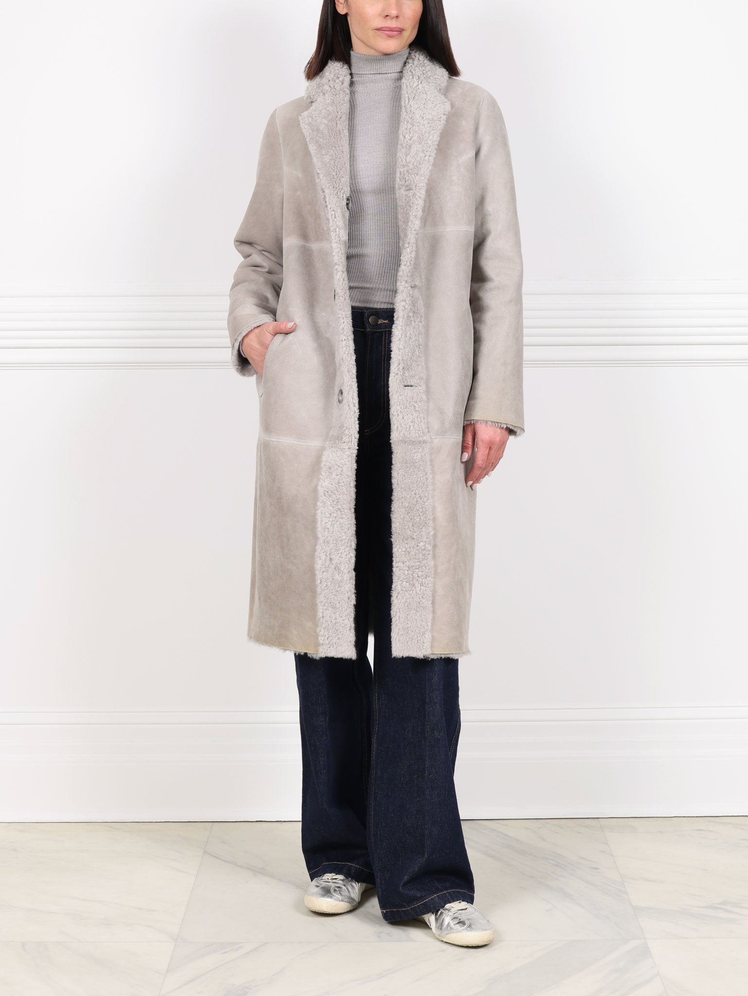The Landen Button Down Curly Shearling Coat