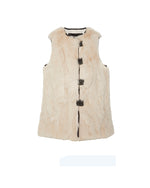 The Lucia Upcycled Fur Vest with Leather Tabs & Piping