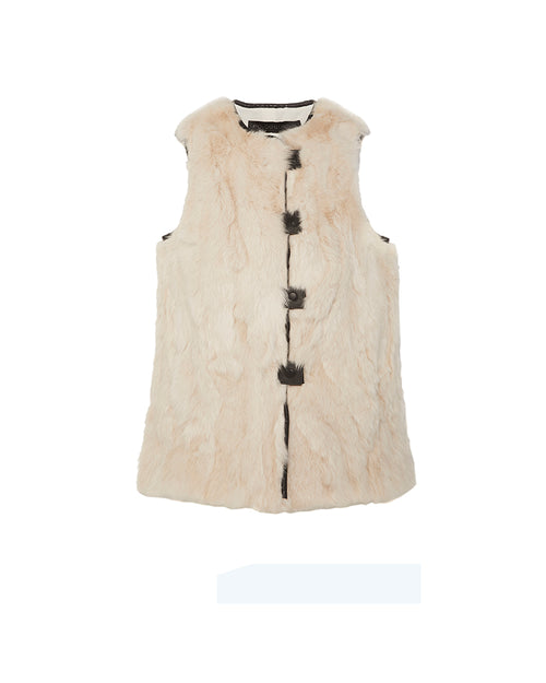 The Lucia Upcycled Fur Vest with Leather Tabs & Piping