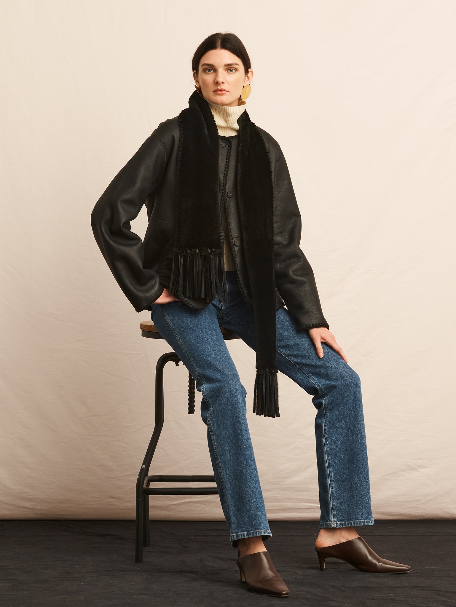 Embroidered Shearling Jacket with Scarf