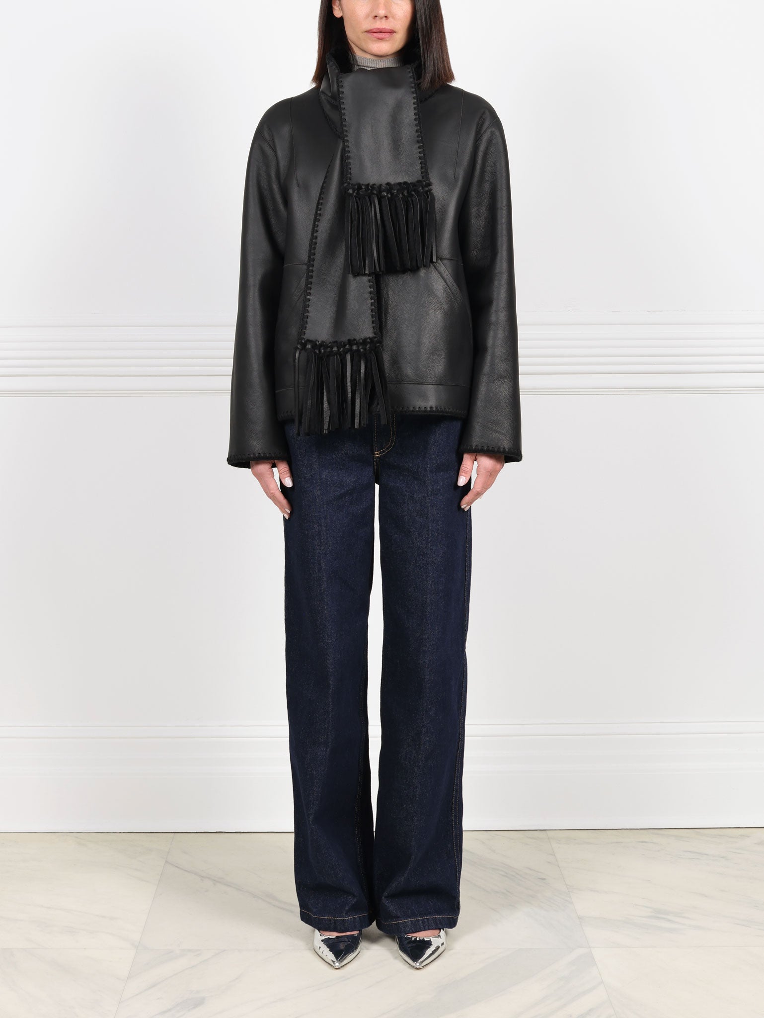 Embroidered Shearling Jacket with Scarf