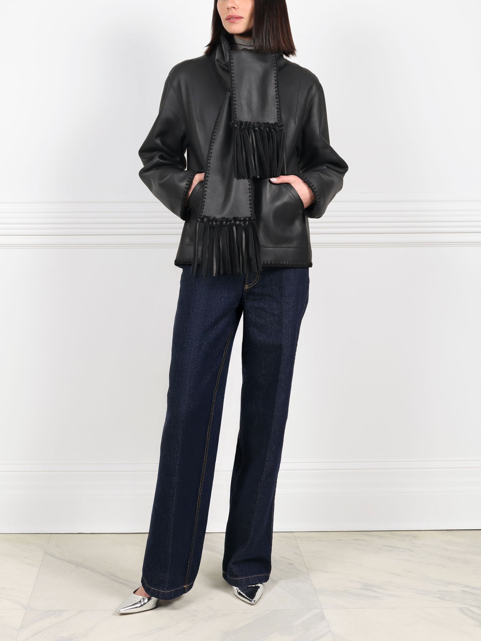 Embroidered Shearling Jacket with Scarf