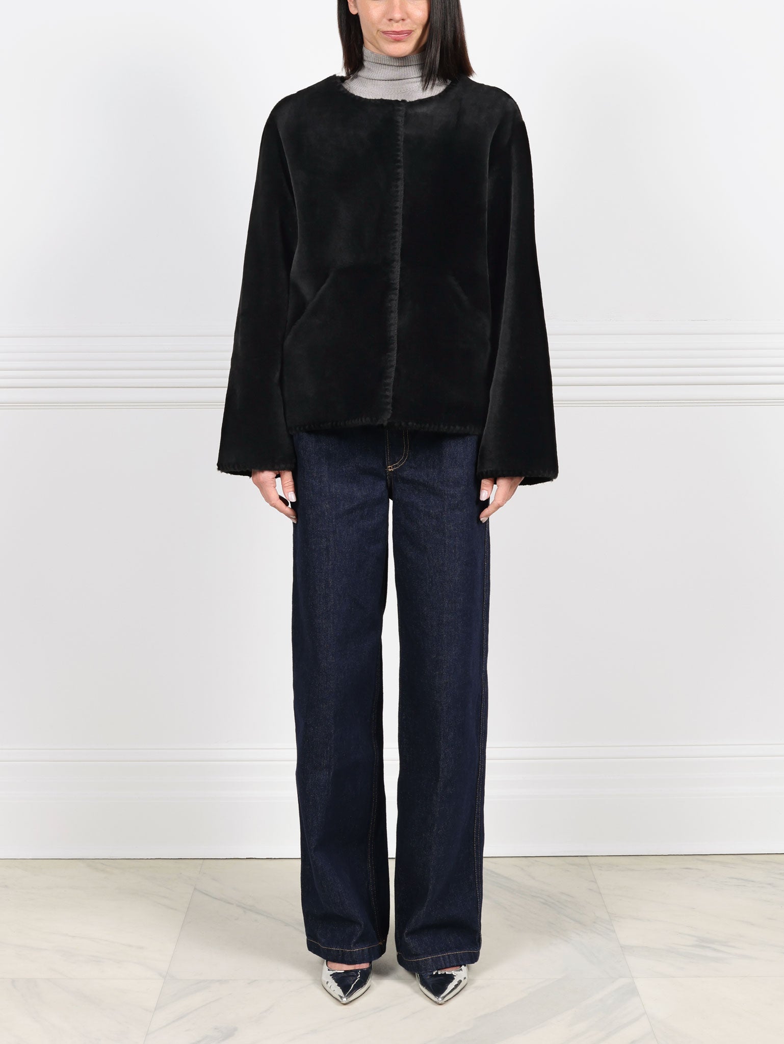 Embroidered Shearling Jacket with Scarf