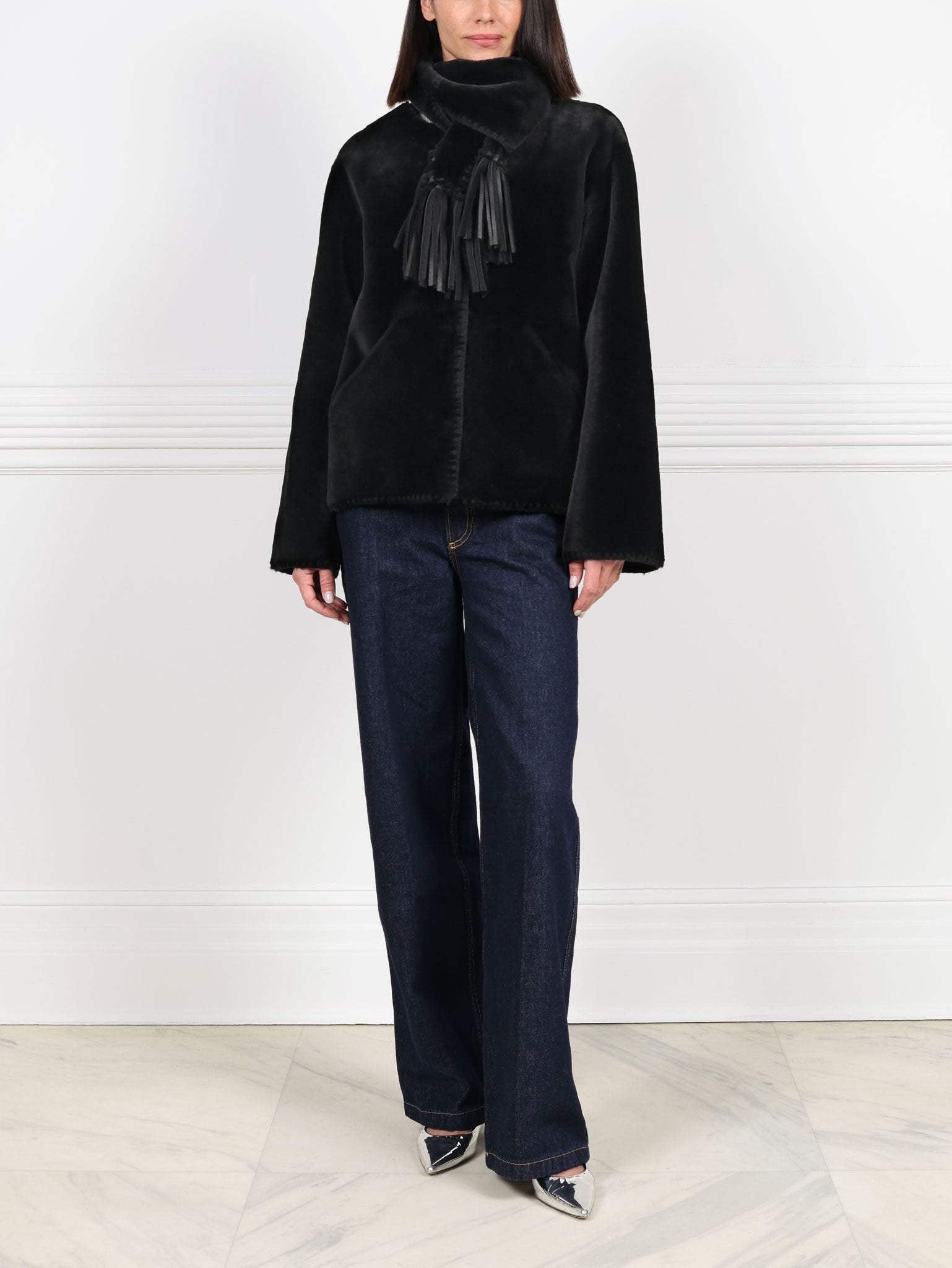 Embroidered Shearling Jacket with Scarf