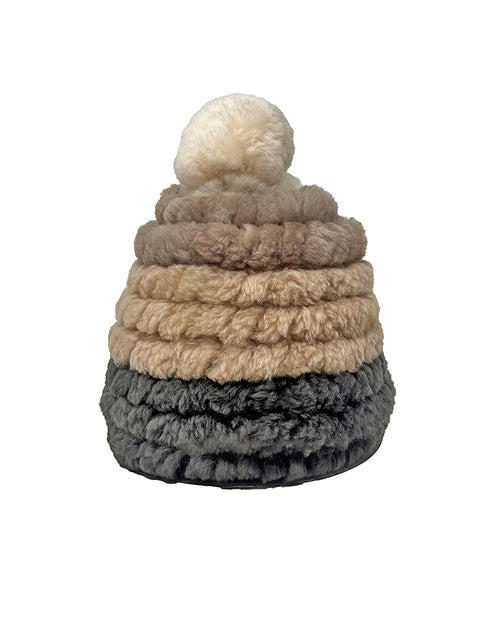 Color Blocked Knitted Shearling Hat with Pom