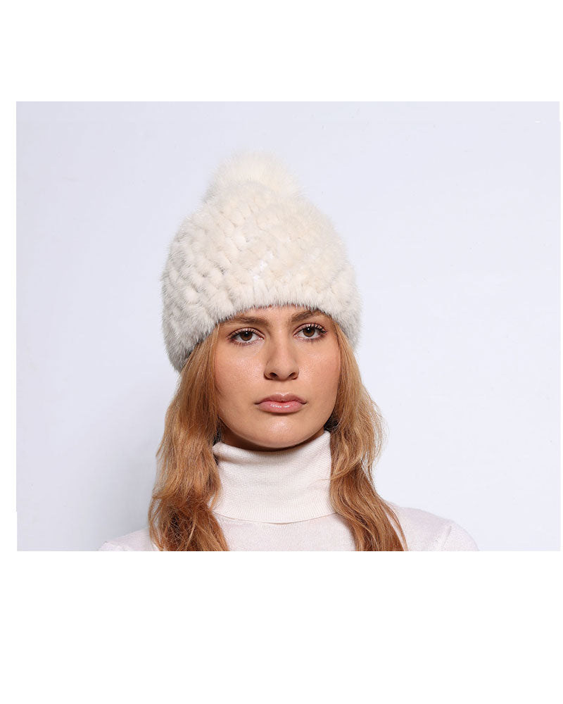 The Knit Mink Fur Hat with Fox Pom in Multiple Colors