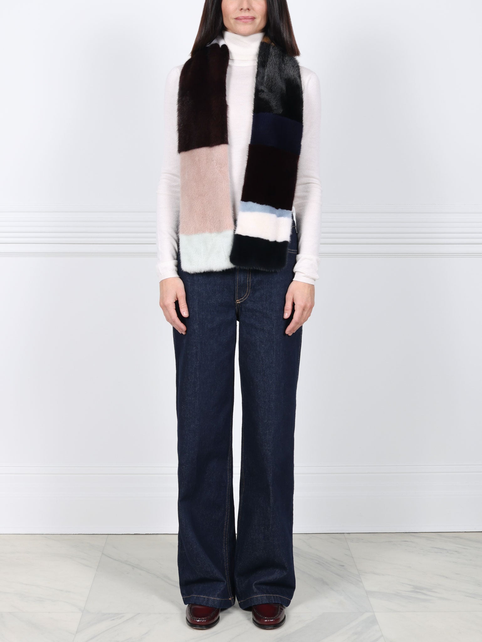 Color Blocked Mink Fur Scarf