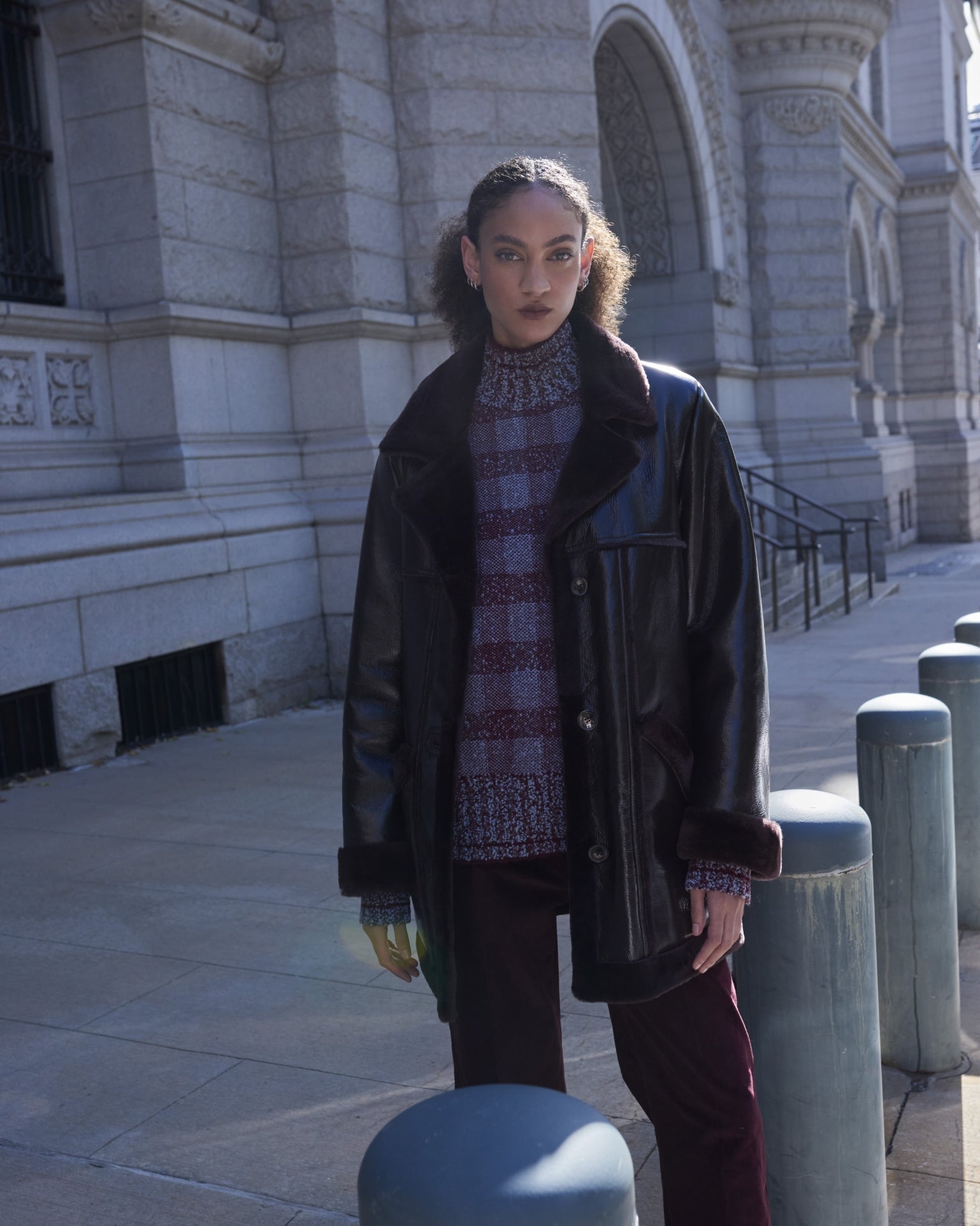 The Vermilion Patent Shearling Coat