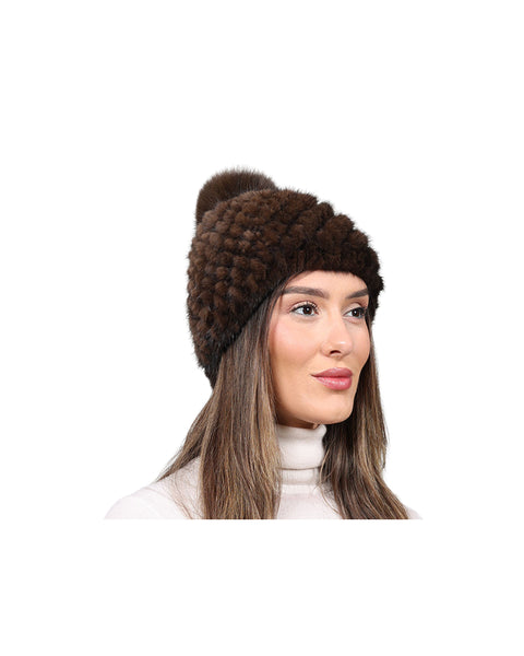 The Knit Mink Fur Hat with Fox Pom in Multiple Colors The Knit Mink Fur Hat with Fox Pom in Multiple Colors