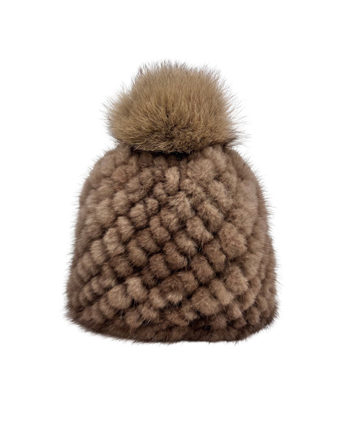 Lined Mink Fur Hat with Fox Pom in Camel and Brown