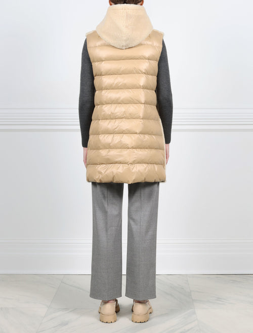 BACK VIEW REVERSED TO PUFFER-BUTTER YELLOW REVERSIBLE HOODED SHEARLING PUFFER VEST- ZIP FRONT-SLIT POCKETS-BY POLOGEORGIS