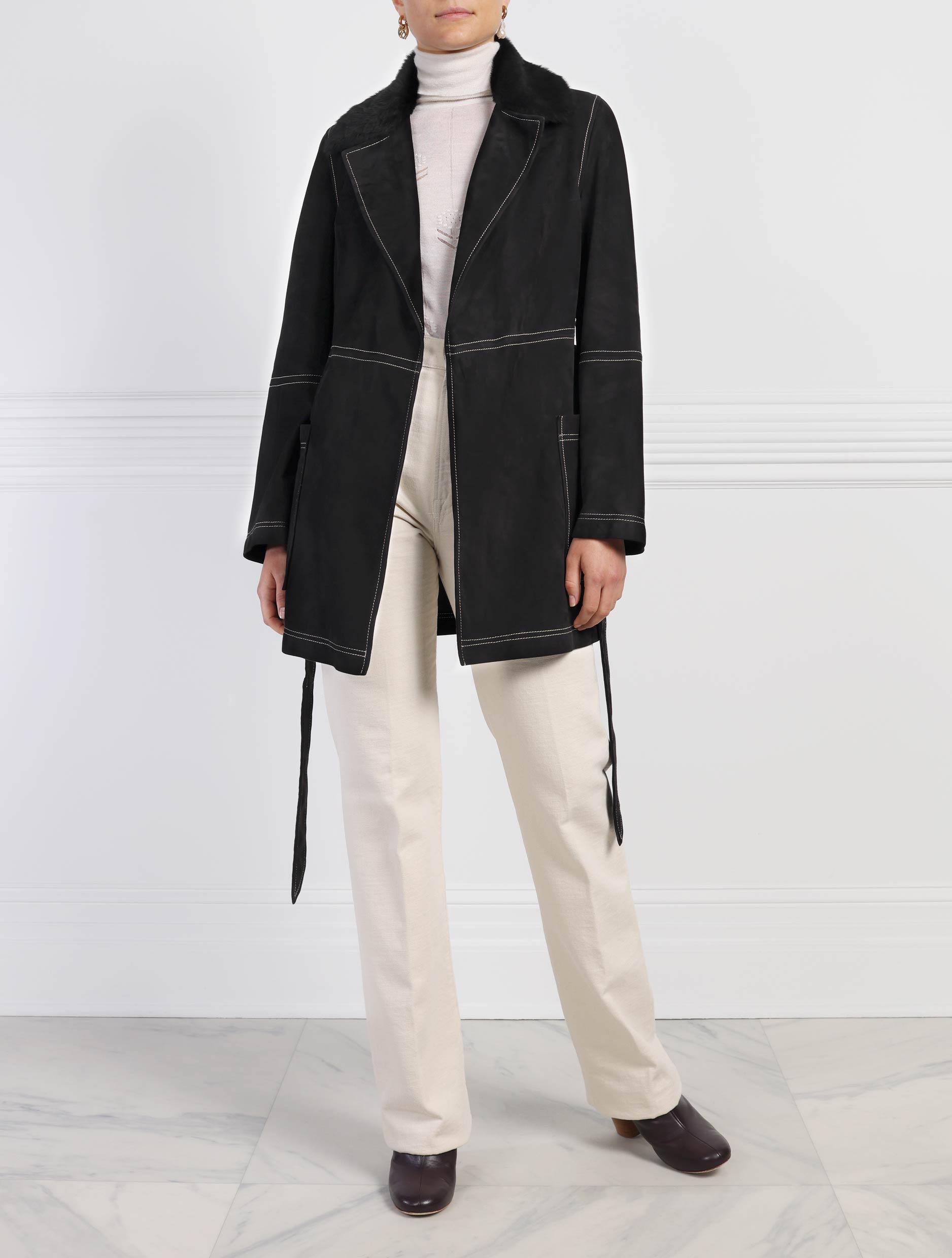 The Natasha Belted Suede Coat With Shearling Collar By POLOGEORGIS