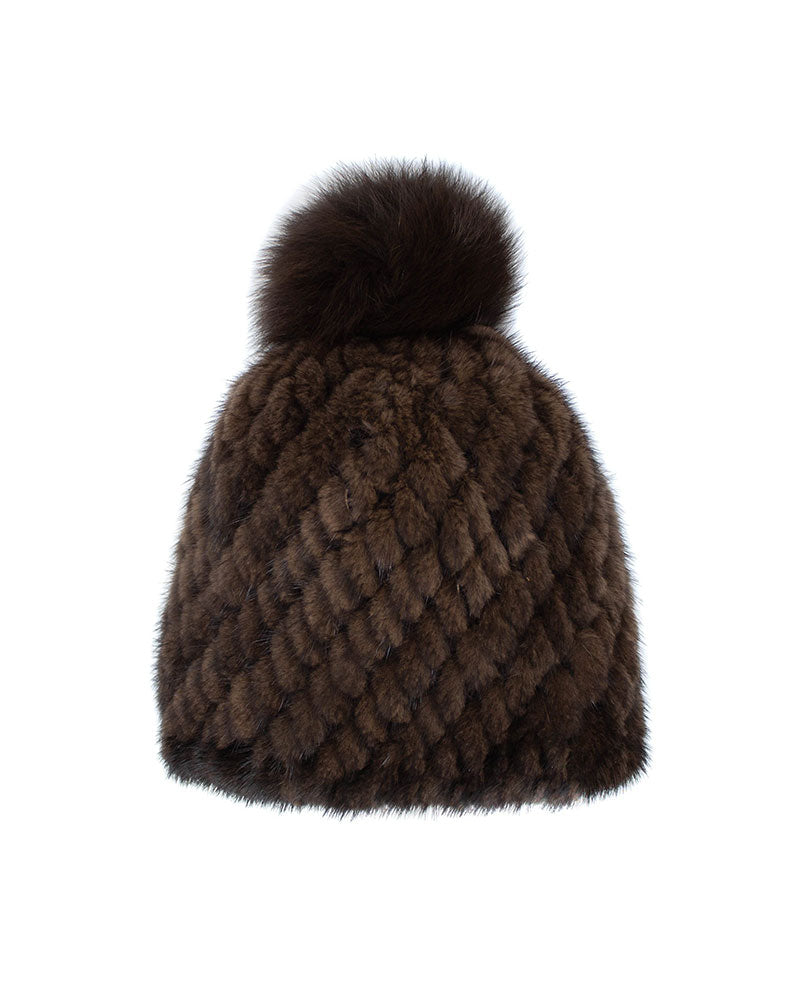 The Knit Mink Fur Hat with Fox Pom in Multiple Colors