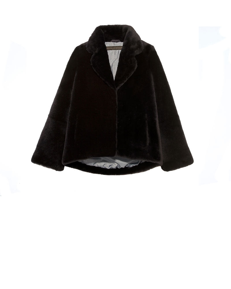 FLAT VIEW-BLACK SHEARLING JACKET-NOTCH COLLAR-FULL LENGTH SLEEVES-SLIT POCKETS-SNAP CLOSURES-28 INCH CENTER BACK LENGTH-BY POLOGEORGIS