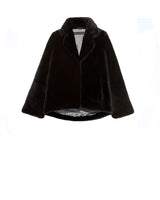 FLAT VIEW-BLACK SHEARLING JACKET-NOTCH COLLAR-FULL LENGTH SLEEVES-SLIT POCKETS-SNAP CLOSURES-28 INCH CENTER BACK LENGTH-BY POLOGEORGIS