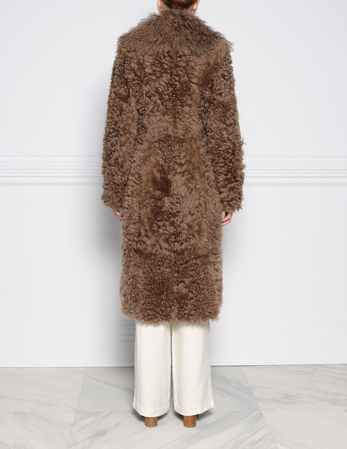 Brown Curly Shearling Coat with Long Curly Shearling Shawl Collar