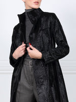 Embossed Lamb Stand Collar Belted Coat in Black