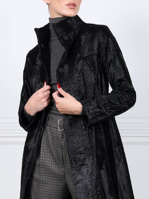 Embossed Lamb Stand Collar Belted Coat in Black