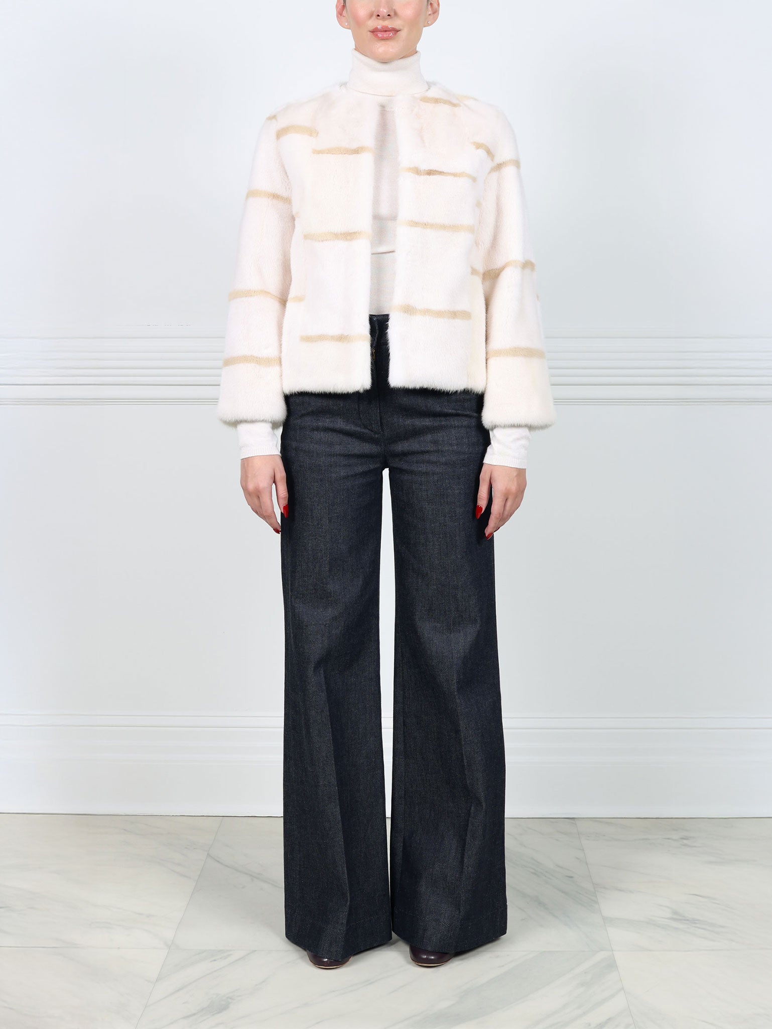 Pearl Mink Fur Jacket With Pastel Intarsia Stripes
