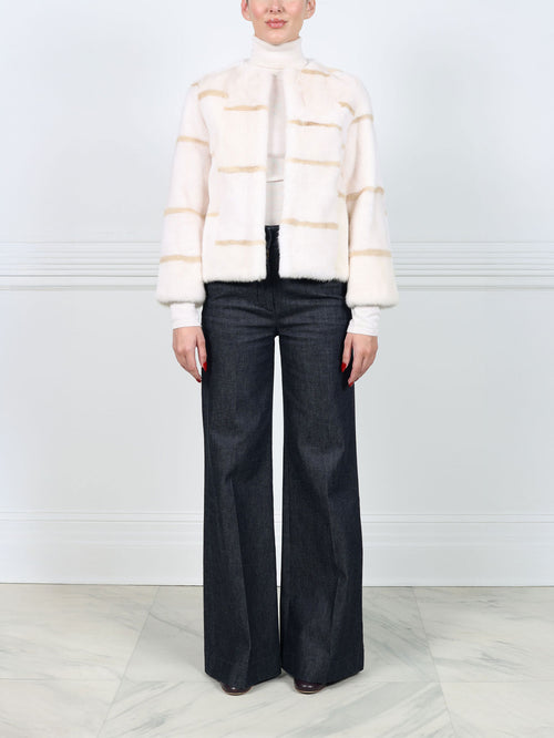 Pearl Mink Fur Jacket With Pastel Intarsia Stripes