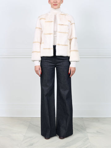 Pearl Mink Fur Jacket With Pastel Intarsia Stripes