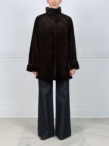 Reversible Sheared Mink Raincoat in Dark Brown