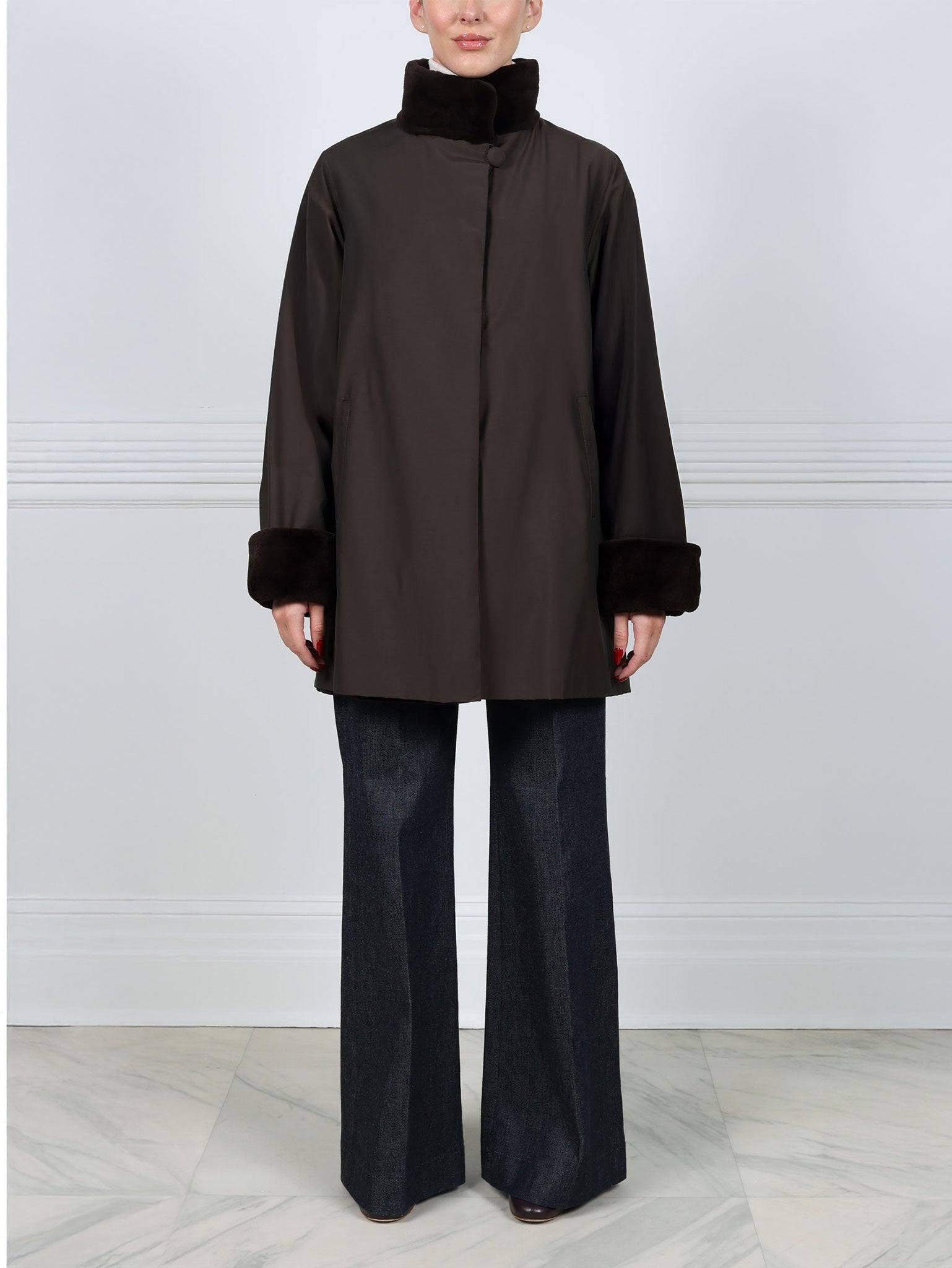 Reversible Sheared Mink Raincoat in Dark Brown