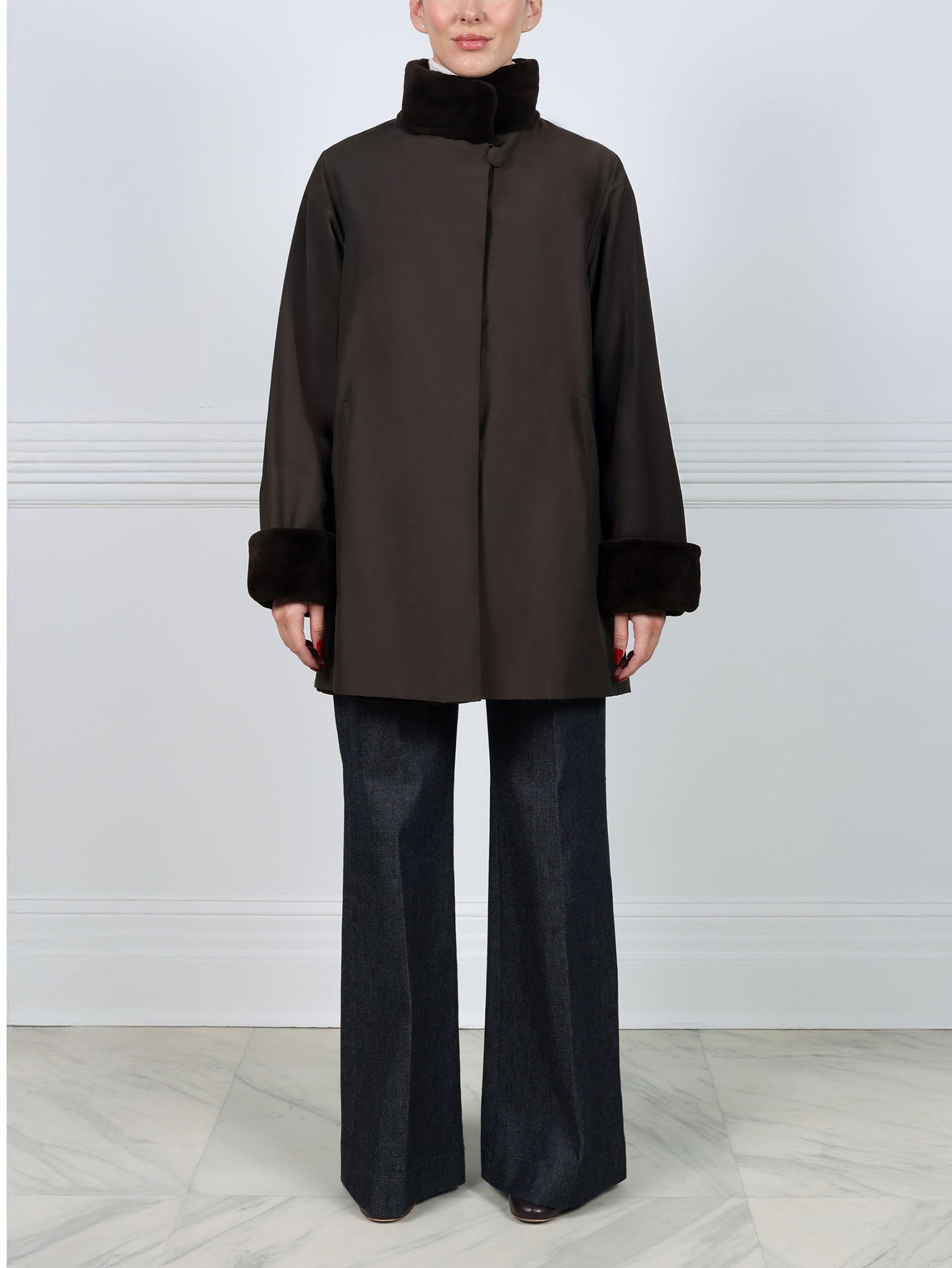 Reversible Sheared Mink Raincoat in Dark Brown