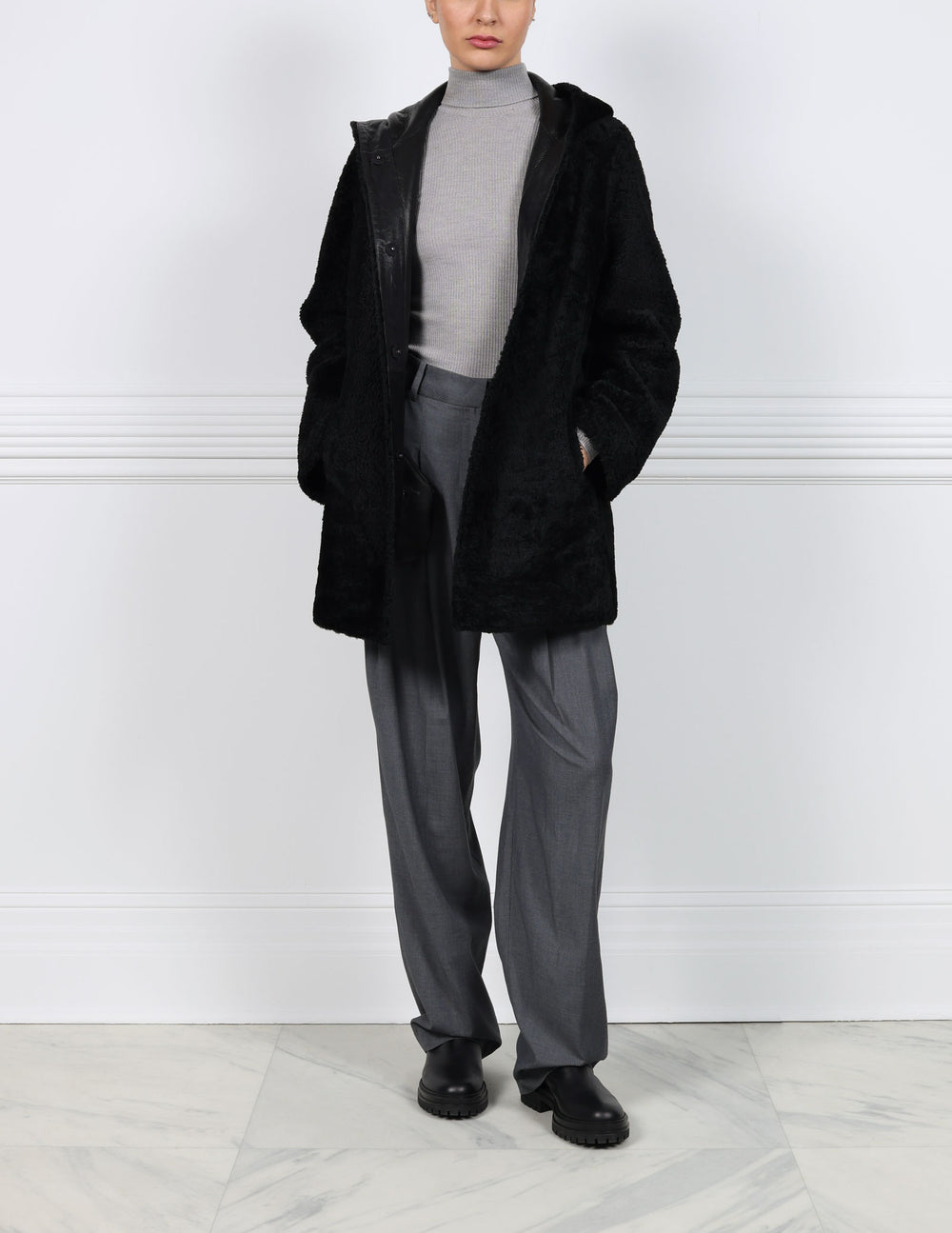 The Davie Hooded Curly Shearling Coat