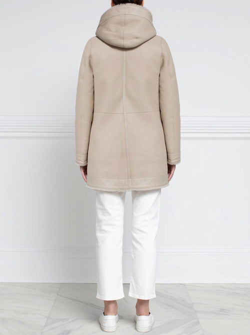 The Davie Hooded Shearling Coat in Beige