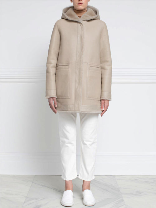 The Davie Hooded Shearling Coat in Beige