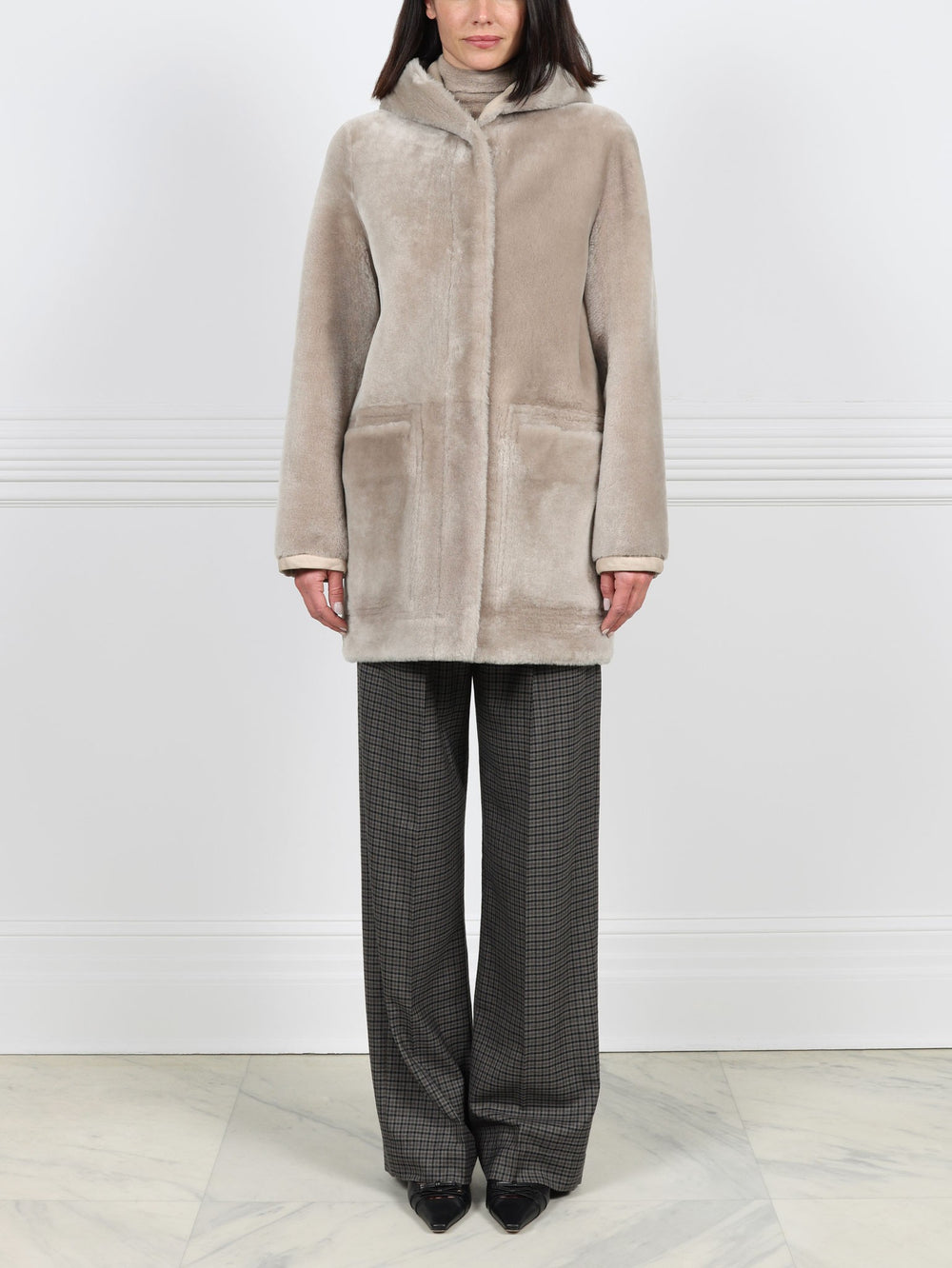 The Davie Hooded Shearling Coat in Beige