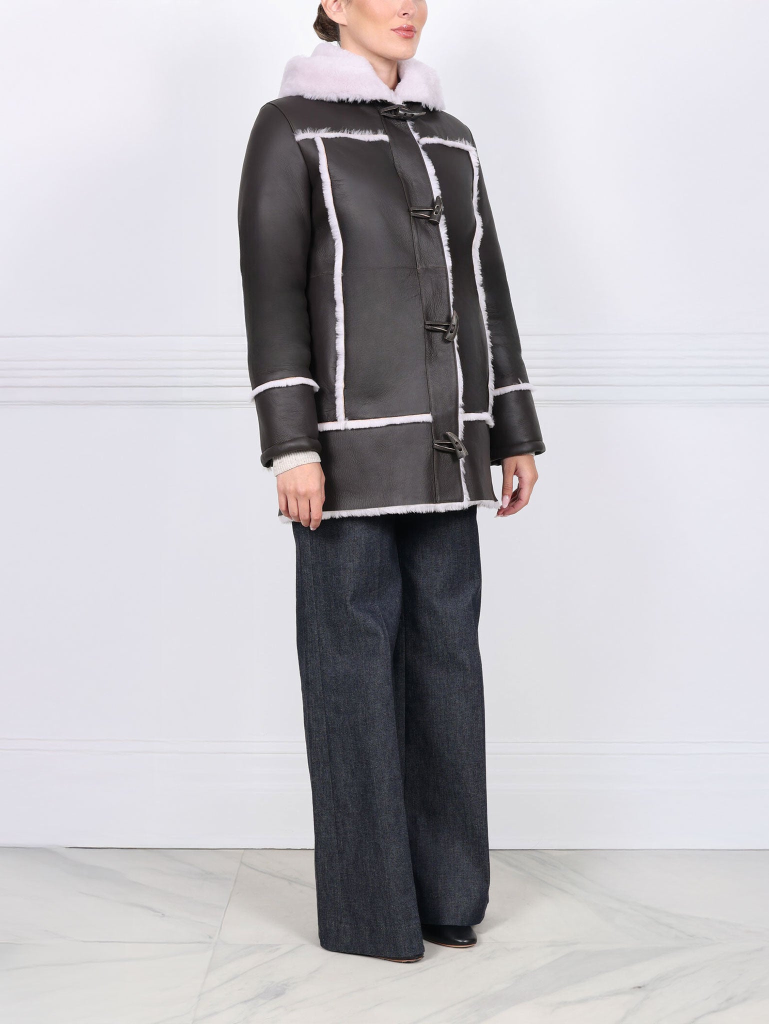 Hooded Shearling Coat With Toggles