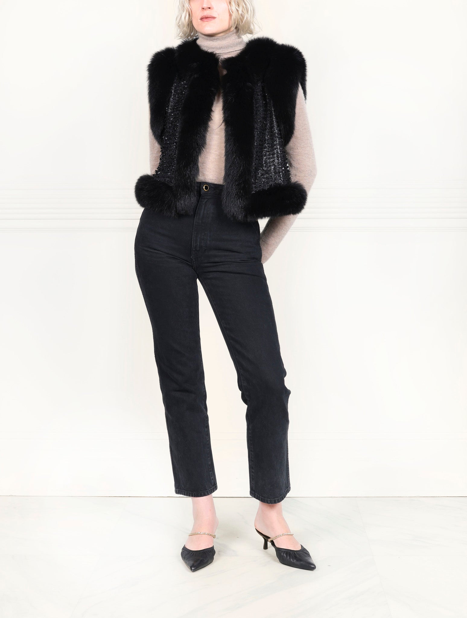 The Emma Black Leather & Fox Cropped Vest