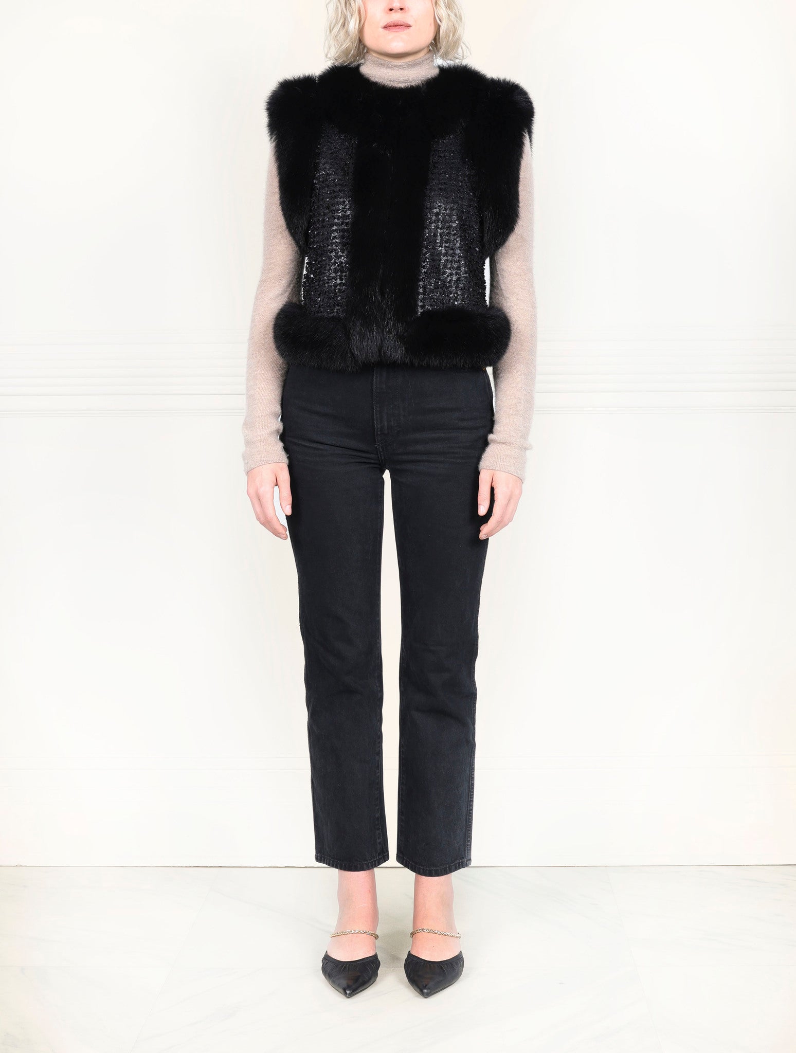 The Emma Black Leather & Fox Cropped Vest