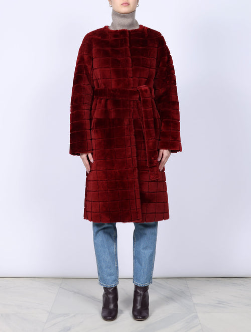 Shearling Grid Collarless Coat With Belt