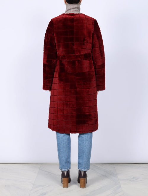 Shearling Grid Collarless Coat With Belt