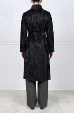 Embossed Lamb Stand Collar Belted Coat in Black