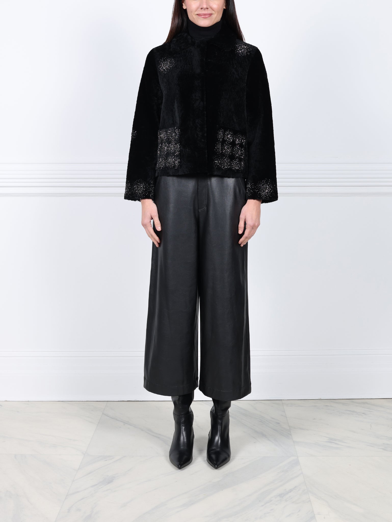 The Anastasia Reversible Crop Shearling Jacket with Crystal Starbusts