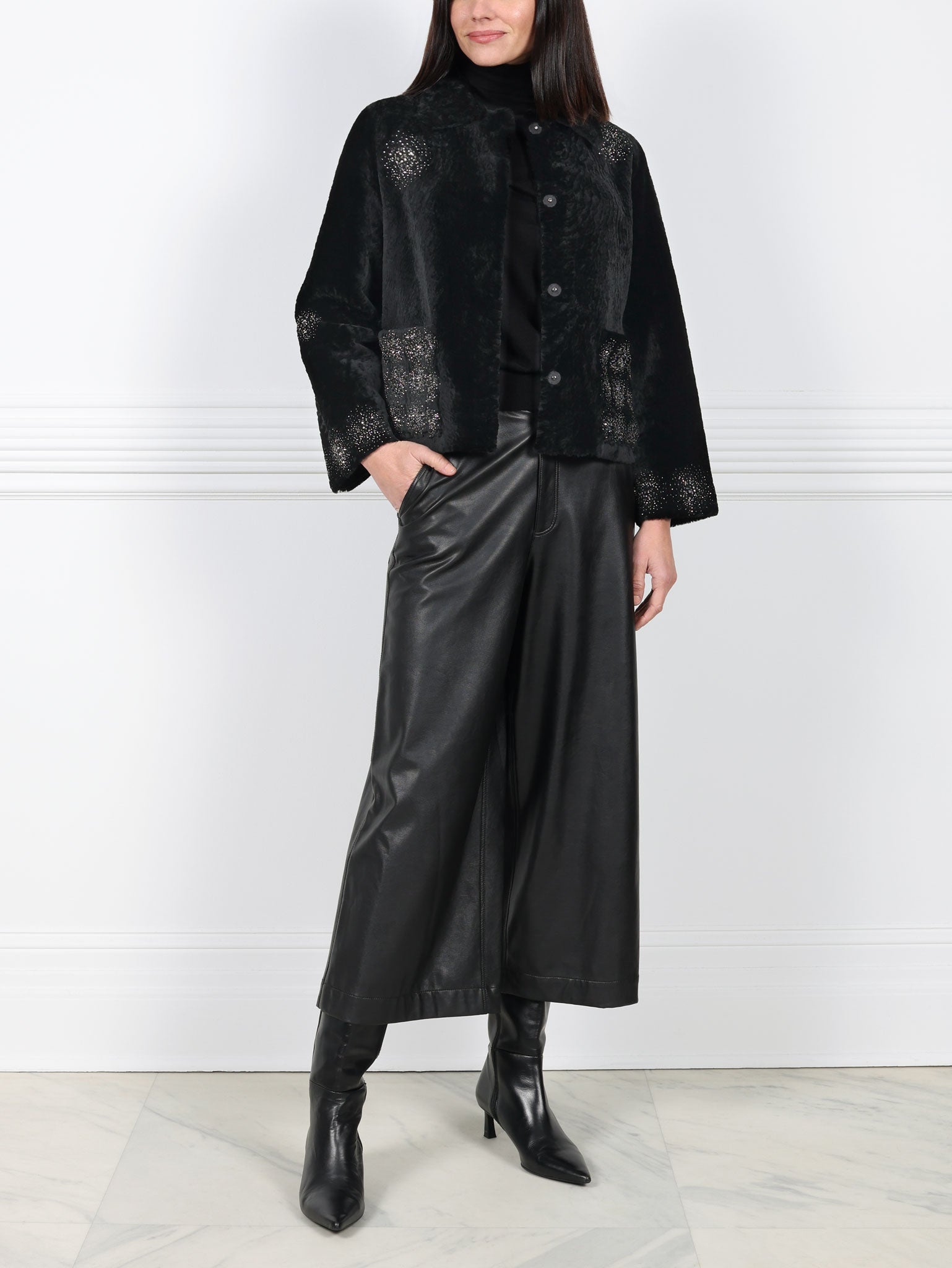 The Anastasia Reversible Crop Shearling Jacket with Crystal Starbusts