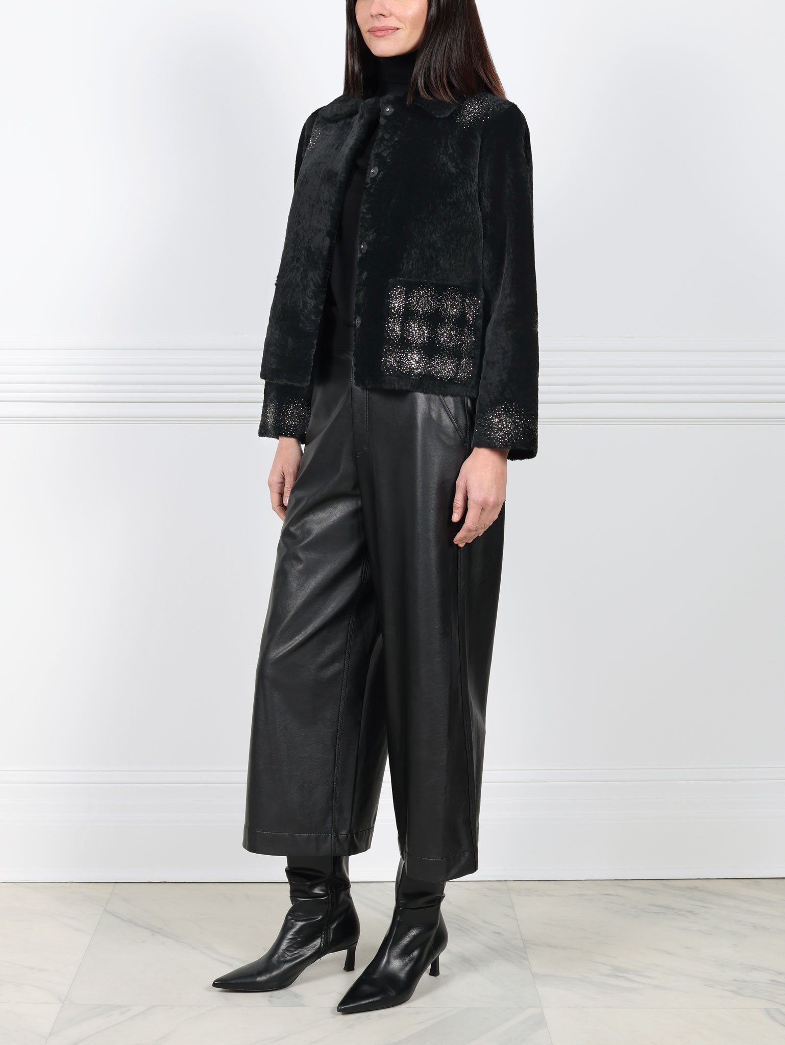 The Anastasia Reversible Crop Shearling Jacket with Crystal Starbusts