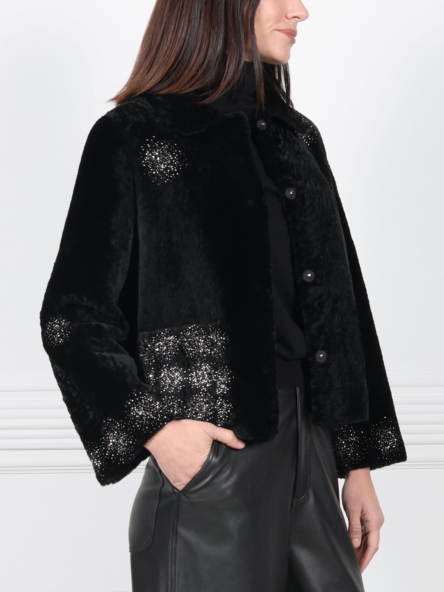 The Anastasia Reversible Crop Shearling Jacket with Crystal Starbusts