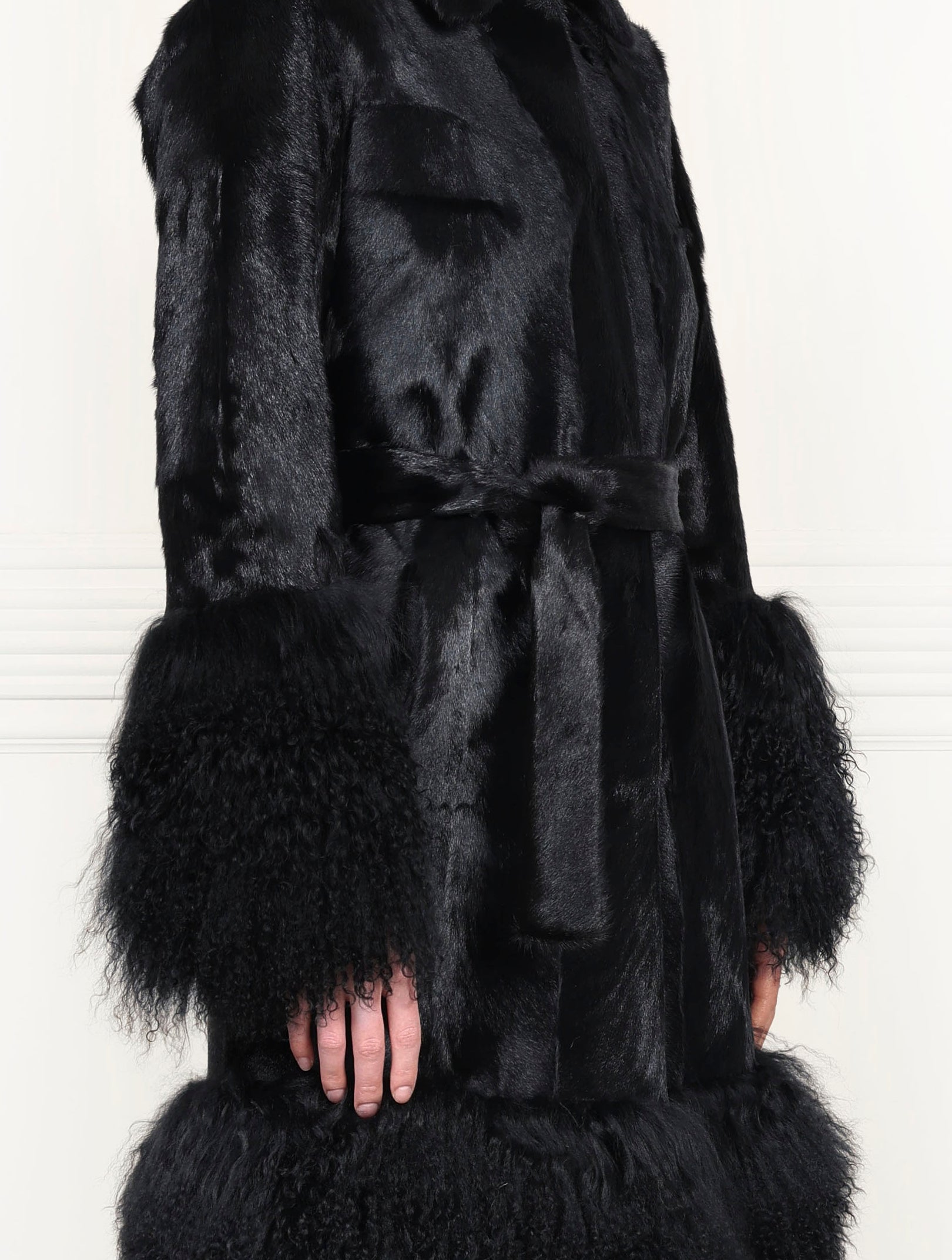 Shearling Coat with Curly Lamb Peplum & Trim