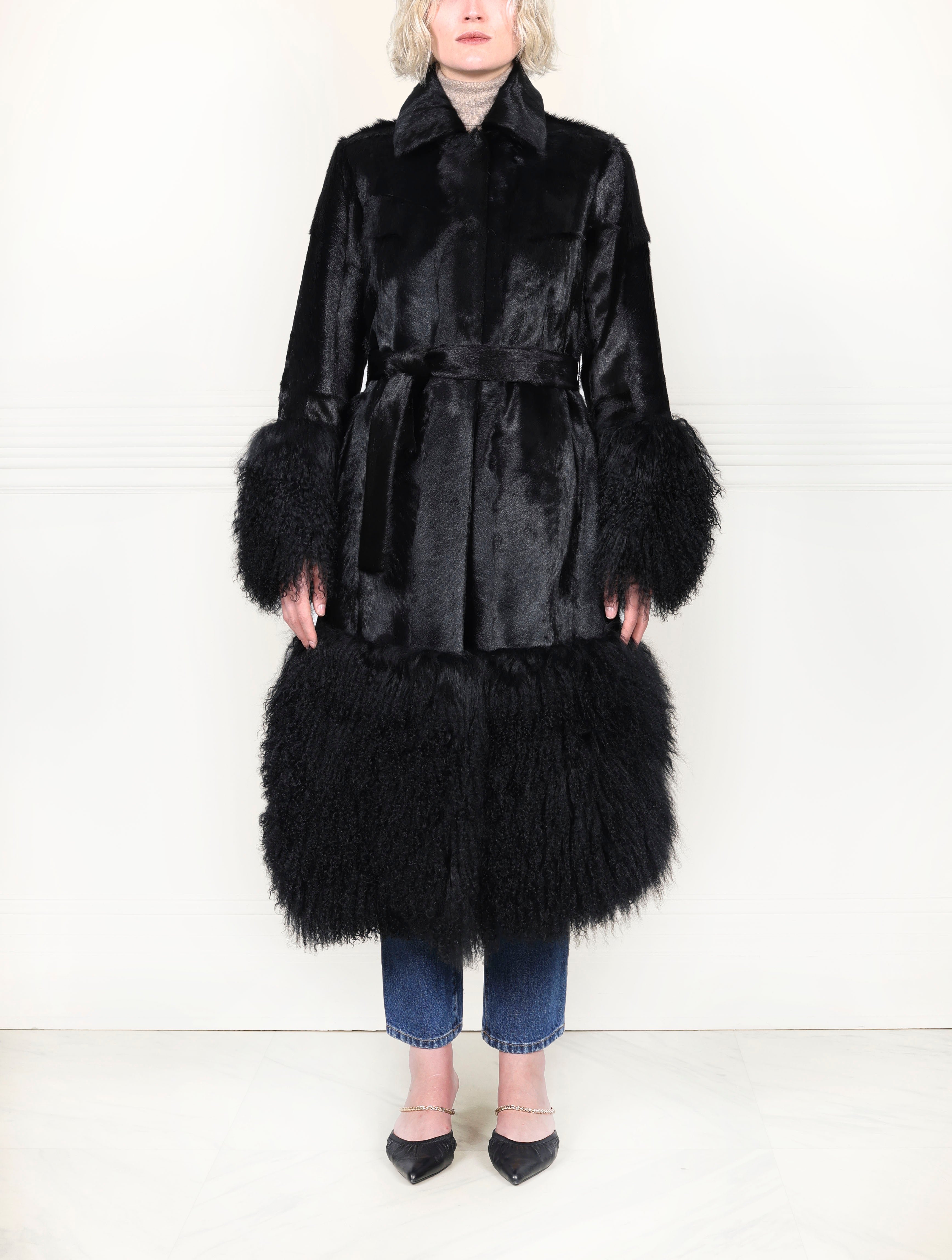 Shearling Coat with Curly Lamb Peplum & Trim