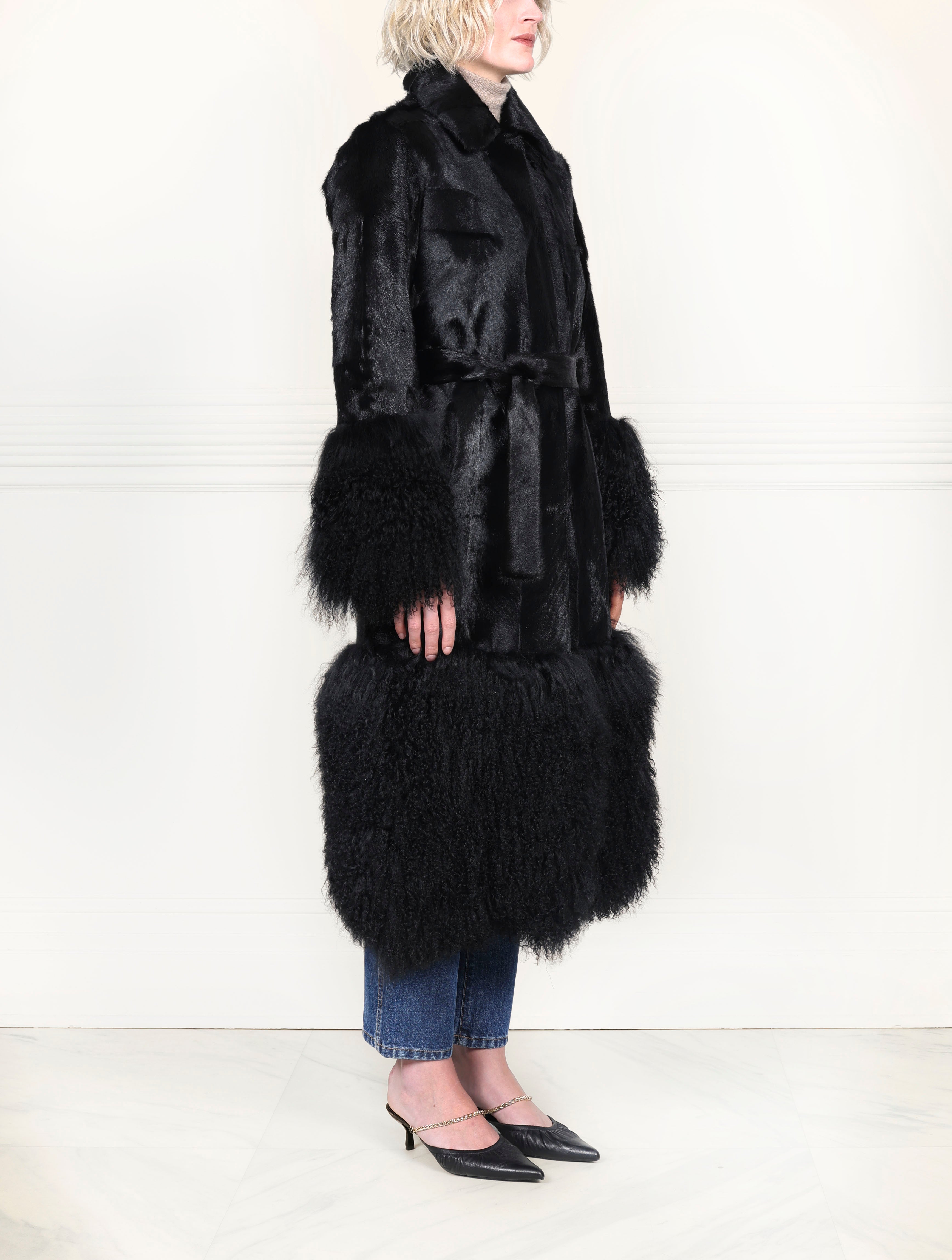 Shearling Coat with Curly Lamb Peplum & Trim