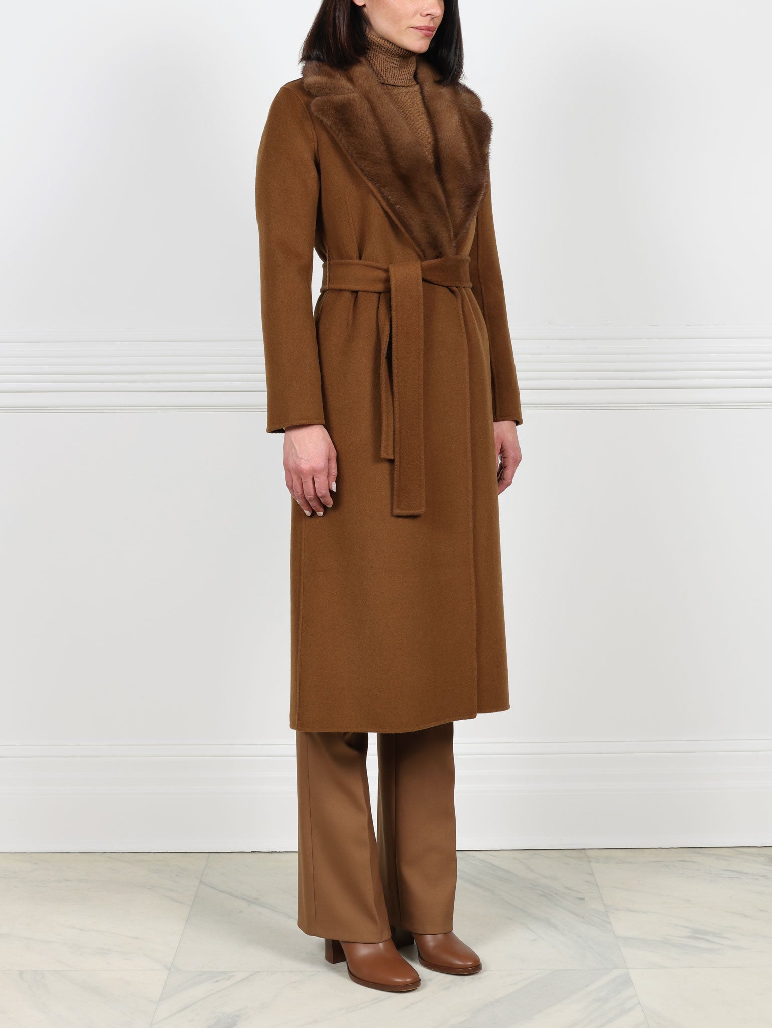 Taupe Wool Cashmere Blend Coat with Detachable Mink Collar