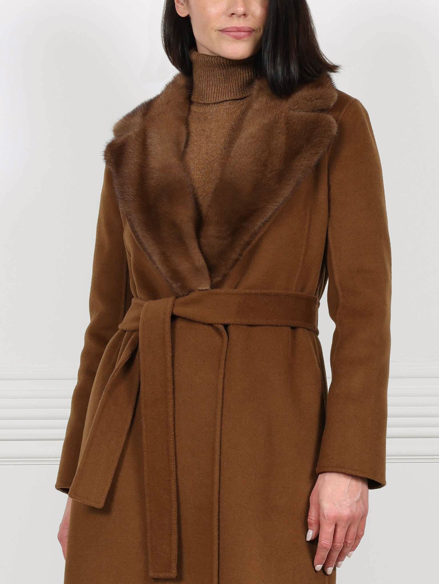 Taupe Wool Cashmere Blend Coat with Detachable Mink Collar